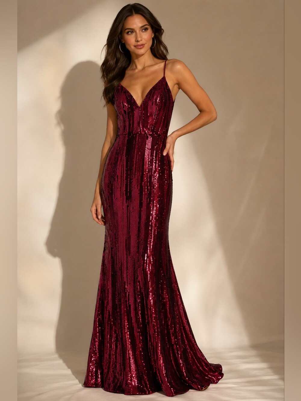 Jodi Kristopher Wine Sequin Plunge V-Neck Evening Gown NWT Size 3